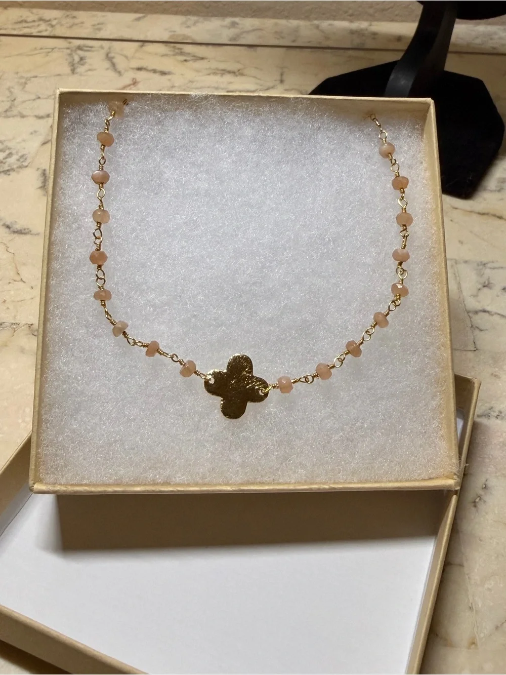 Gold Clover Pendant Beaded Necklace - Handmade